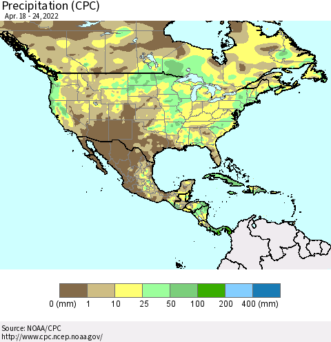 North America Precipitation (CPC) Thematic Map For 4/18/2022 - 4/24/2022