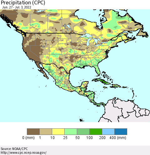 North America Precipitation (CPC) Thematic Map For 6/27/2022 - 7/3/2022