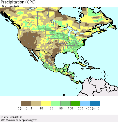 North America Precipitation (CPC) Thematic Map For 7/4/2022 - 7/10/2022