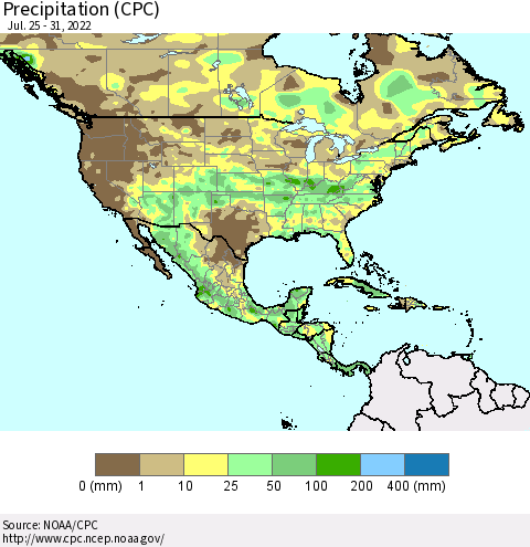 North America Precipitation (CPC) Thematic Map For 7/25/2022 - 7/31/2022
