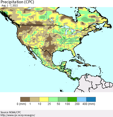North America Precipitation (CPC) Thematic Map For 8/1/2022 - 8/7/2022