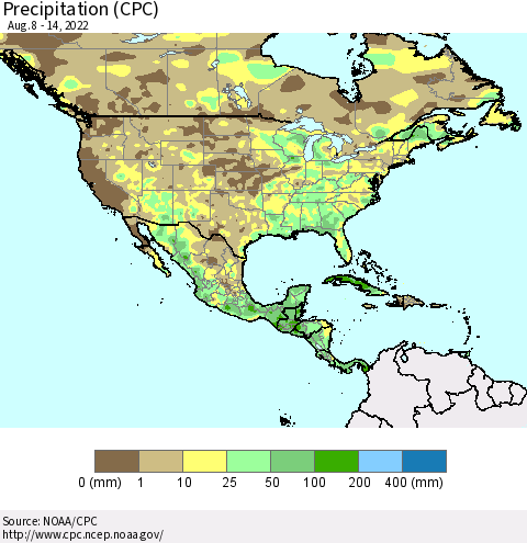 North America Precipitation (CPC) Thematic Map For 8/8/2022 - 8/14/2022