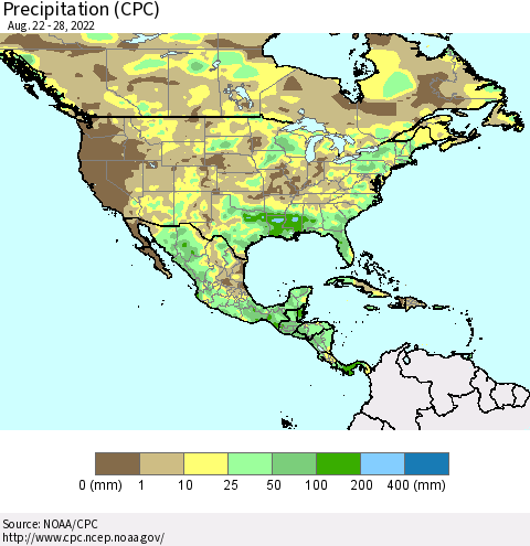 North America Precipitation (CPC) Thematic Map For 8/22/2022 - 8/28/2022