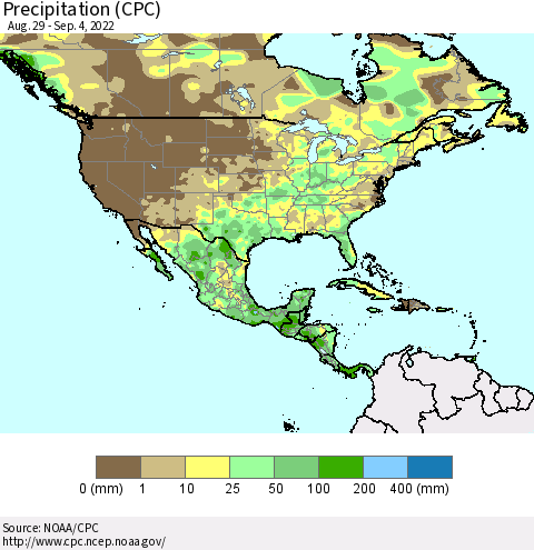 North America Precipitation (CPC) Thematic Map For 8/29/2022 - 9/4/2022