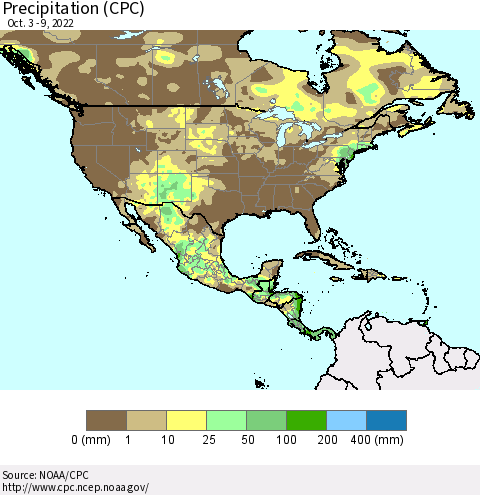 North America Precipitation (CPC) Thematic Map For 10/3/2022 - 10/9/2022