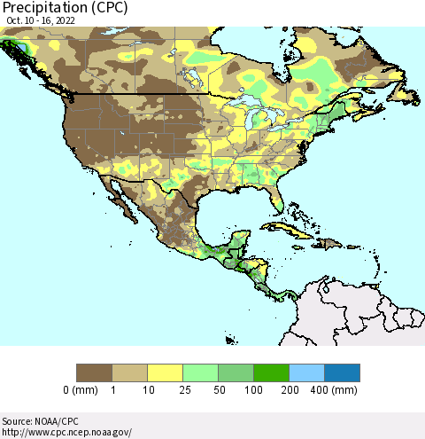 North America Precipitation (CPC) Thematic Map For 10/10/2022 - 10/16/2022