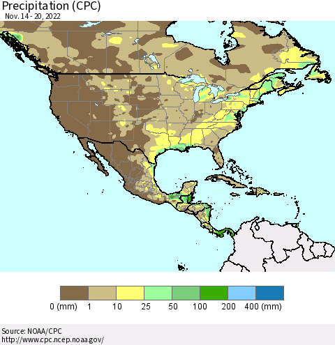 North America Precipitation (CPC) Thematic Map For 11/14/2022 - 11/20/2022