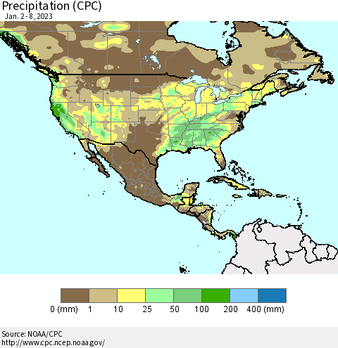 North America Precipitation (CPC) Thematic Map For 1/2/2023 - 1/8/2023