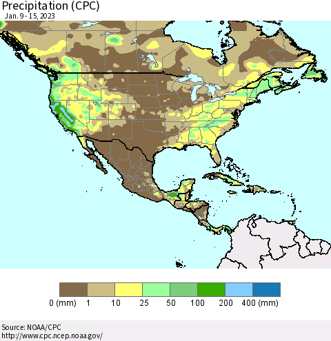 North America Precipitation (CPC) Thematic Map For 1/9/2023 - 1/15/2023