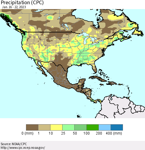 North America Precipitation (CPC) Thematic Map For 1/16/2023 - 1/22/2023