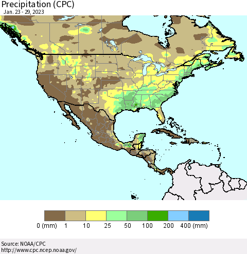 North America Precipitation (CPC) Thematic Map For 1/23/2023 - 1/29/2023