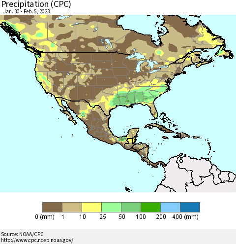 North America Precipitation (CPC) Thematic Map For 1/30/2023 - 2/5/2023