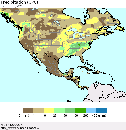 North America Precipitation (CPC) Thematic Map For 2/13/2023 - 2/19/2023