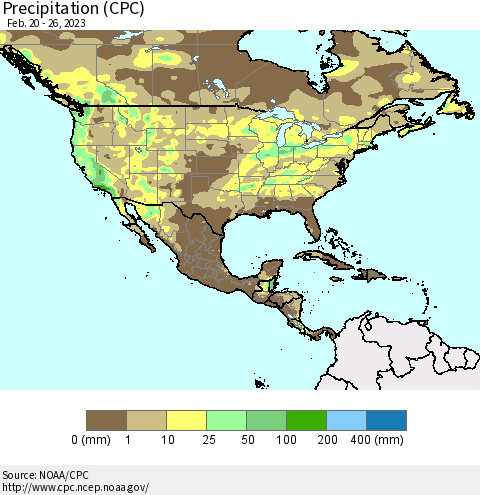 North America Precipitation (CPC) Thematic Map For 2/20/2023 - 2/26/2023