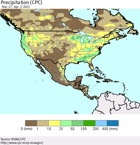 North America Precipitation (CPC) Thematic Map For 3/27/2023 - 4/2/2023