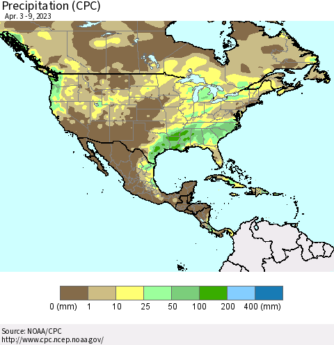 North America Precipitation (CPC) Thematic Map For 4/3/2023 - 4/9/2023