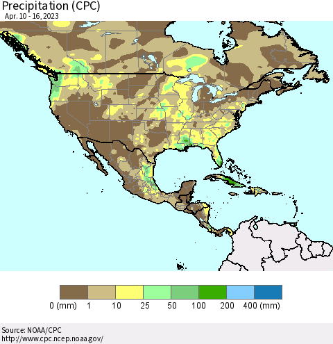 North America Precipitation (CPC) Thematic Map For 4/10/2023 - 4/16/2023