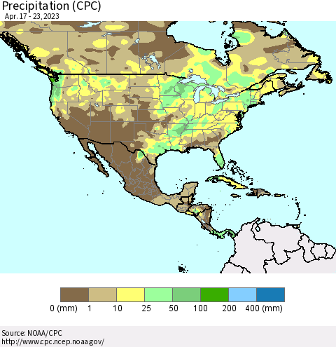 North America Precipitation (CPC) Thematic Map For 4/17/2023 - 4/23/2023