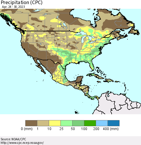 North America Precipitation (CPC) Thematic Map For 4/24/2023 - 4/30/2023