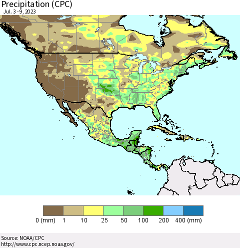 North America Precipitation (CPC) Thematic Map For 7/3/2023 - 7/9/2023