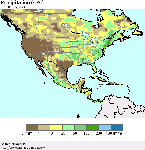 North America Precipitation (CPC) Thematic Map For 7/10/2023 - 7/16/2023