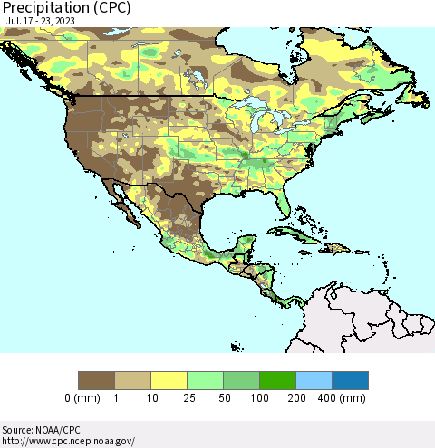 North America Precipitation (CPC) Thematic Map For 7/17/2023 - 7/23/2023