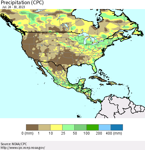 North America Precipitation (CPC) Thematic Map For 7/24/2023 - 7/30/2023