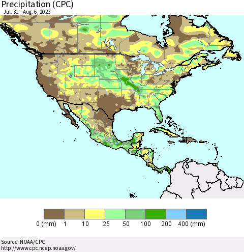 North America Precipitation (CPC) Thematic Map For 7/31/2023 - 8/6/2023