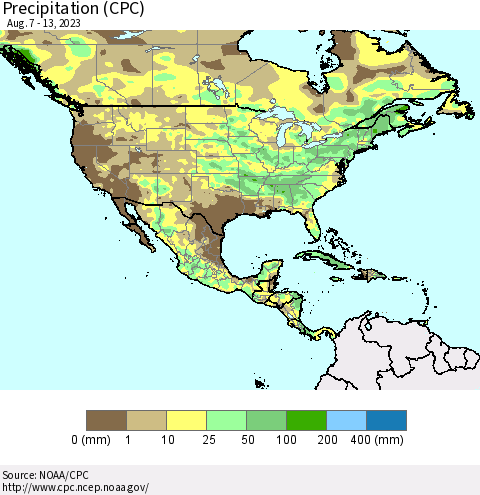 North America Precipitation (CPC) Thematic Map For 8/7/2023 - 8/13/2023