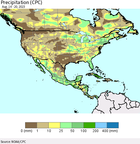 North America Precipitation (CPC) Thematic Map For 8/14/2023 - 8/20/2023