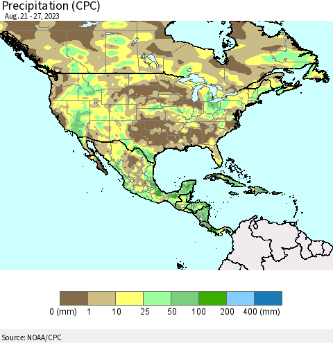 North America Precipitation (CPC) Thematic Map For 8/21/2023 - 8/27/2023