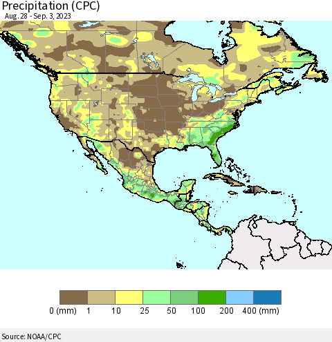 North America Precipitation (CPC) Thematic Map For 8/28/2023 - 9/3/2023