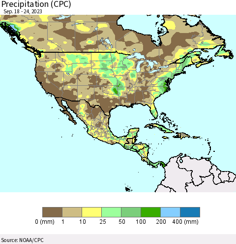 North America Precipitation (CPC) Thematic Map For 9/18/2023 - 9/24/2023