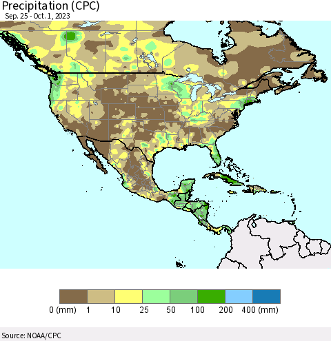 North America Precipitation (CPC) Thematic Map For 9/25/2023 - 10/1/2023