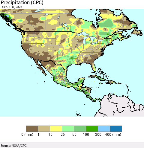 North America Precipitation (CPC) Thematic Map For 10/2/2023 - 10/8/2023