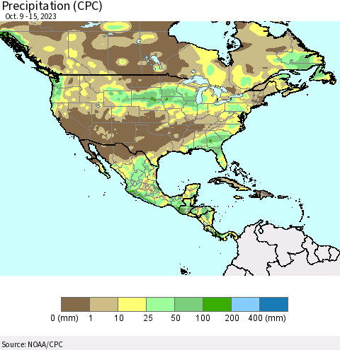 North America Precipitation (CPC) Thematic Map For 10/9/2023 - 10/15/2023