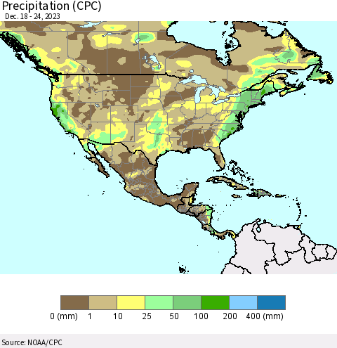 North America Precipitation (CPC) Thematic Map For 12/18/2023 - 12/24/2023