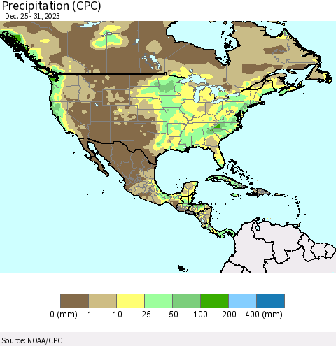 North America Precipitation (CPC) Thematic Map For 12/25/2023 - 12/31/2023