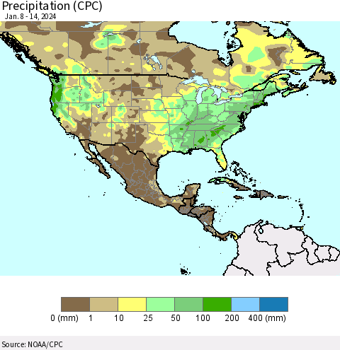 North America Precipitation (CPC) Thematic Map For 1/8/2024 - 1/14/2024