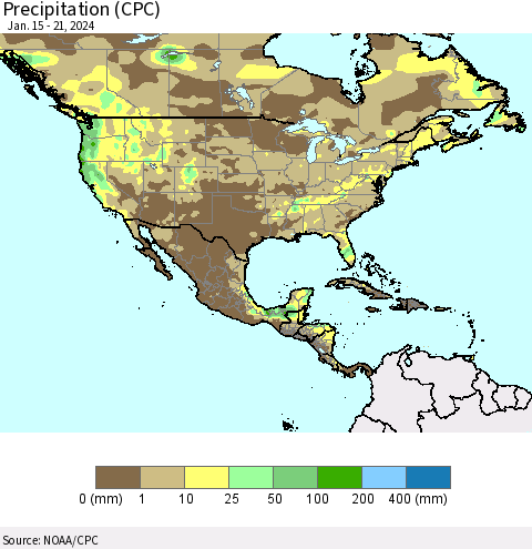 North America Precipitation (CPC) Thematic Map For 1/15/2024 - 1/21/2024