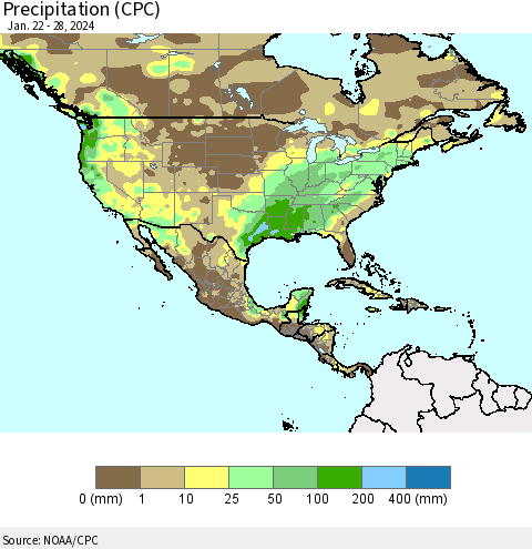 North America Precipitation (CPC) Thematic Map For 1/22/2024 - 1/28/2024
