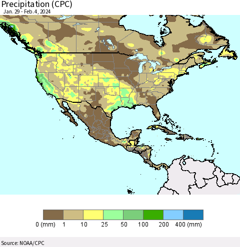 North America Precipitation (CPC) Thematic Map For 1/29/2024 - 2/4/2024