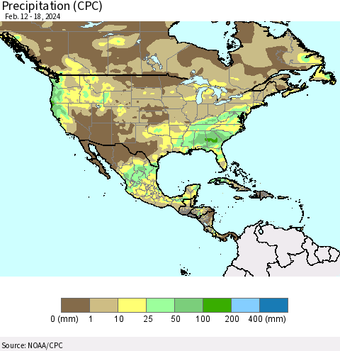 North America Precipitation (CPC) Thematic Map For 2/12/2024 - 2/18/2024