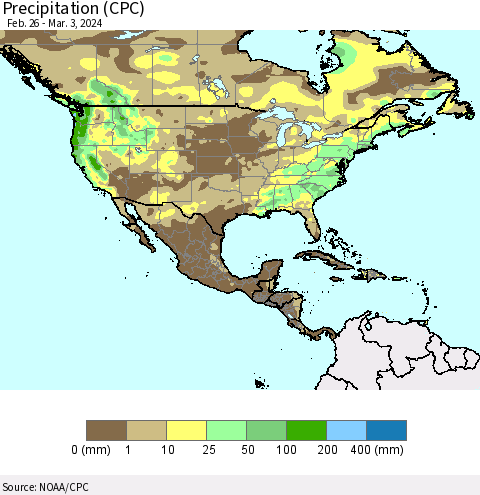 North America Precipitation (CPC) Thematic Map For 2/26/2024 - 3/3/2024