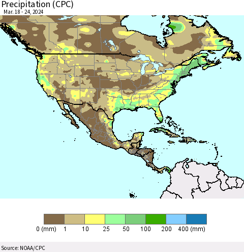 North America Precipitation (CPC) Thematic Map For 3/18/2024 - 3/24/2024