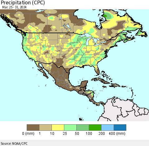 North America Precipitation (CPC) Thematic Map For 3/25/2024 - 3/31/2024