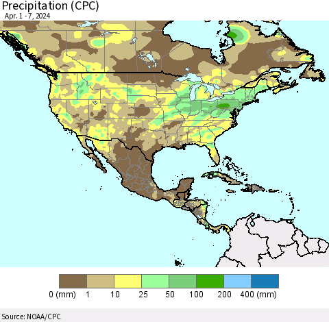 North America Precipitation (CPC) Thematic Map For 4/1/2024 - 4/7/2024