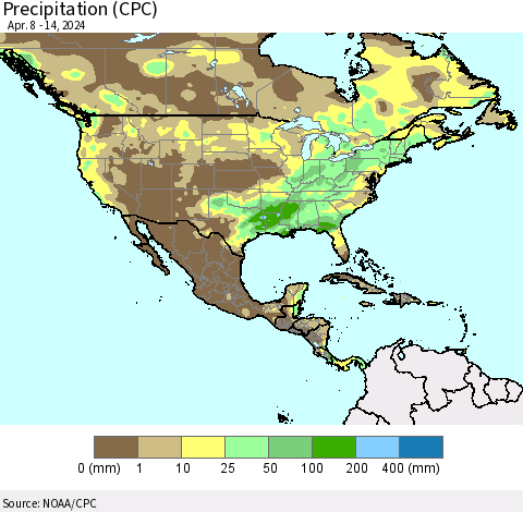 North America Precipitation (CPC) Thematic Map For 4/8/2024 - 4/14/2024