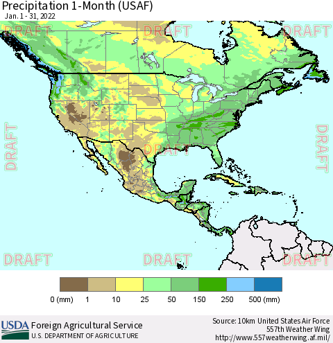 North America Precipitation 1-Month (USAF) Thematic Map For 1/1/2022 - 1/31/2022