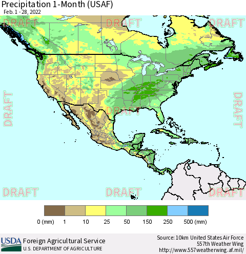 North America Precipitation 1-Month (USAF) Thematic Map For 2/1/2022 - 2/28/2022